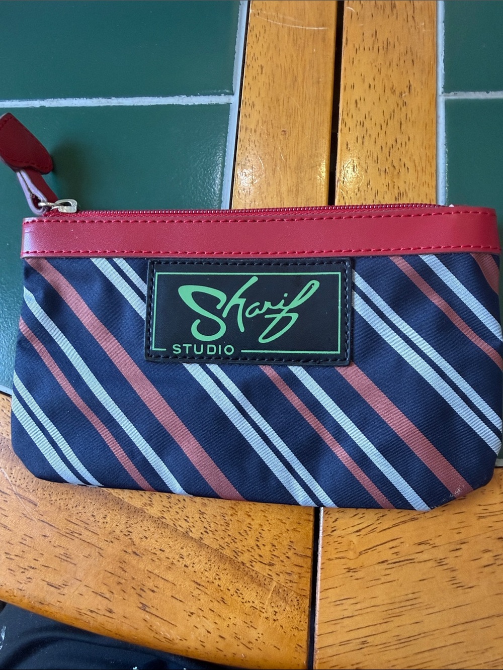 Sharif Navy Striped Toiletry Pouch with Red Trim